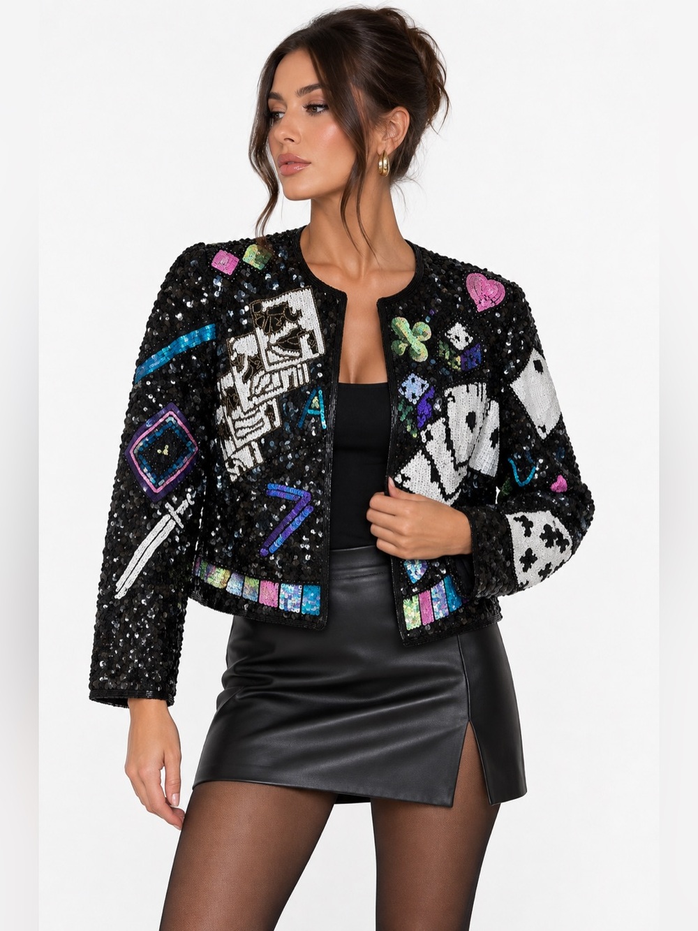Vintage Black Sequin Beaded Playing Card Casino Statement Jacket
